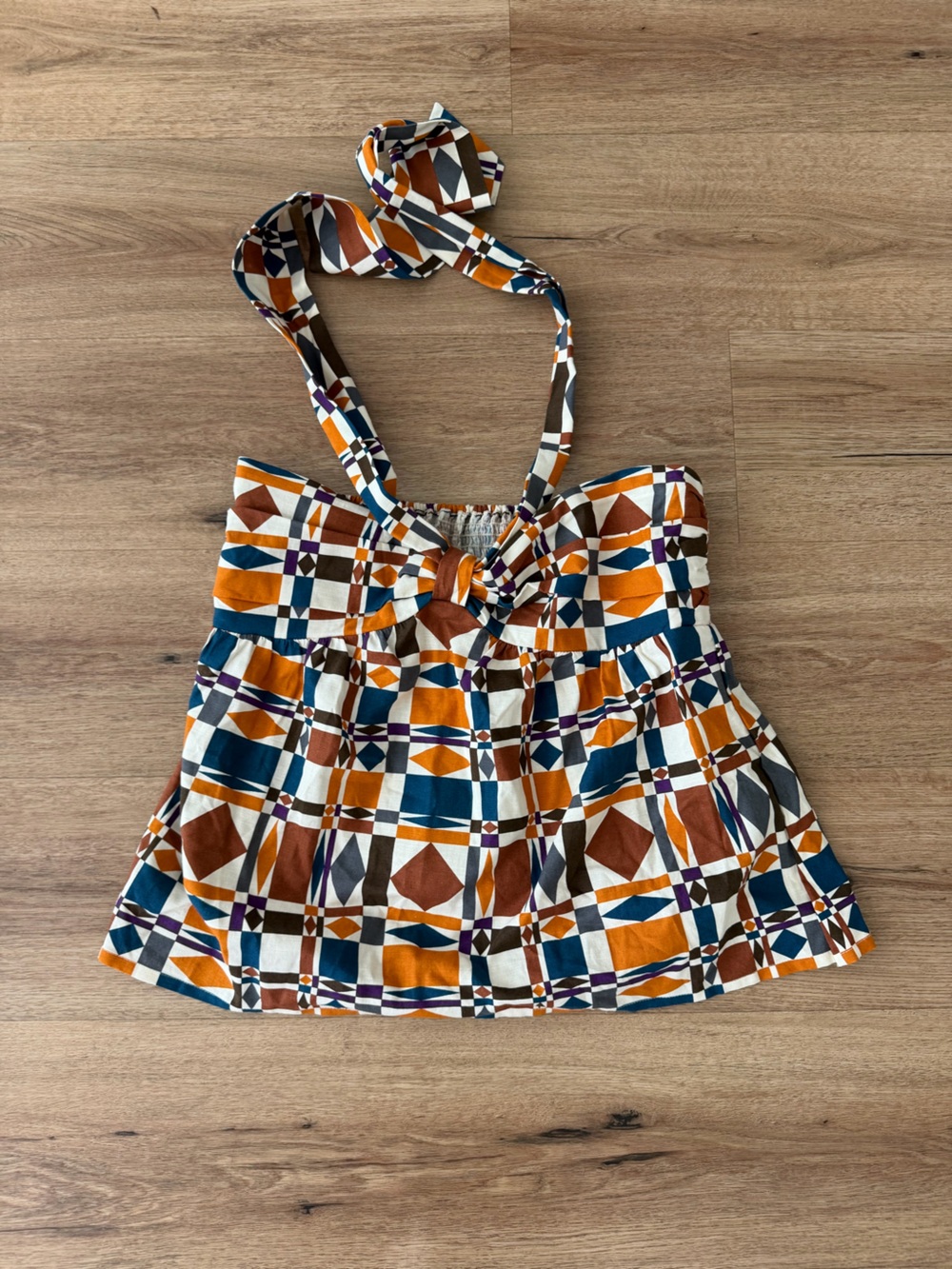 Sezane Geometric Tie-Front Halter Top in Mustard, Teal & Brown